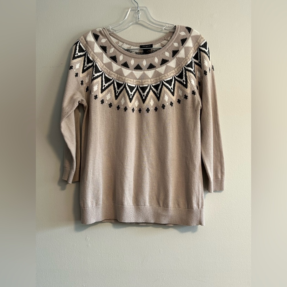 Ann Taylor Fair Isle Sweater Women’s M Beige Black White Cotton Blend Pullover